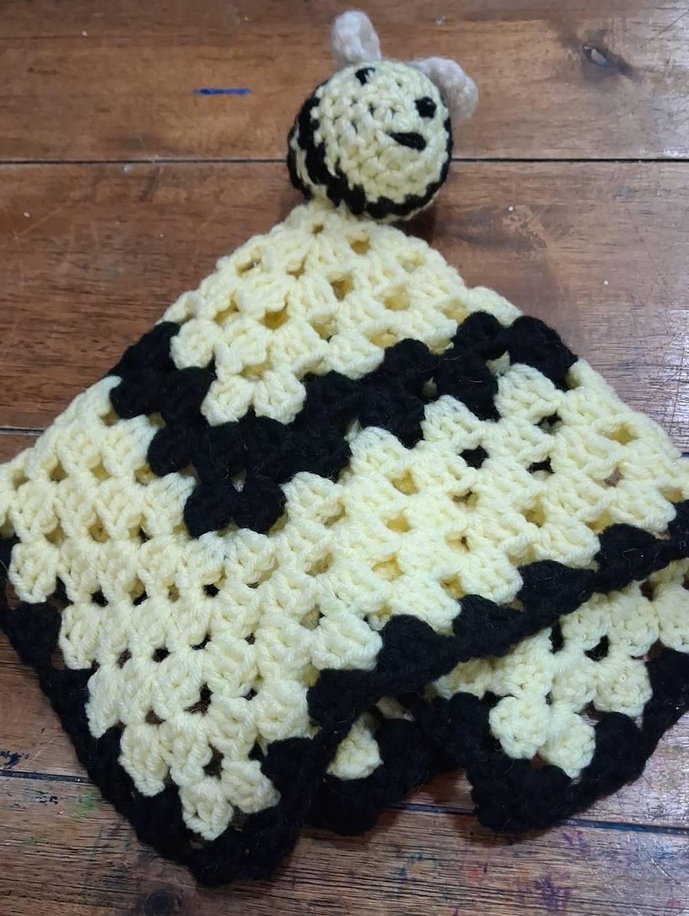 Crocheted Yellow & Black Lovey Blanket with Bee Head